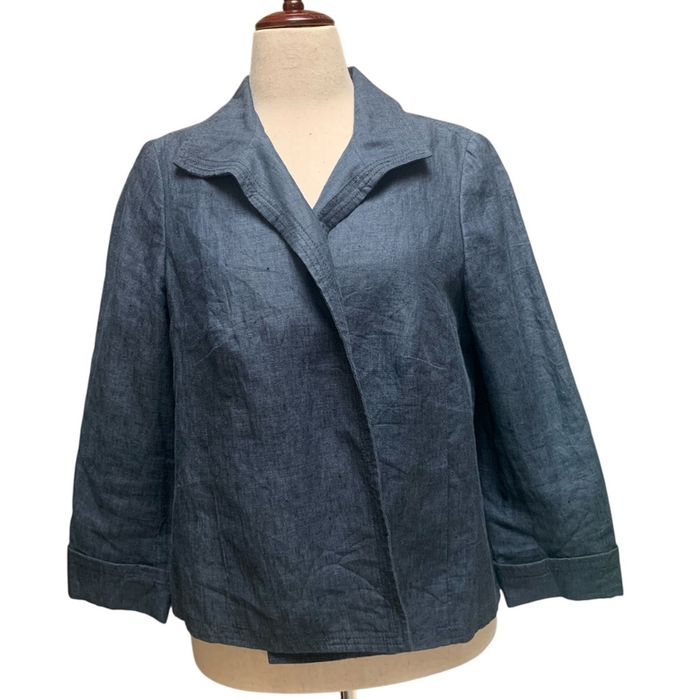Talbots Blue Linen Jacket Blazer Suit Jacket Open Front 3/4 Sleeve Size 14WP